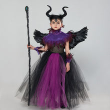 Load image into Gallery viewer, Kids Girl Maleficent Costume Evil Witch Cosplay Set With Cloak and Horn Hat For Halloween Party