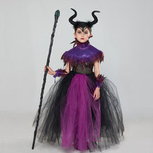 Load image into Gallery viewer, Kids Girl Maleficent Costume Evil Witch Cosplay Set With Cloak and Horn Hat For Halloween Party