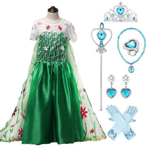 Load image into Gallery viewer, Kids Frozen Costume Princess Elsa Cosplay Birthday or Party Green Dress With Accessories