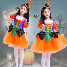 Load image into Gallery viewer, Witch Costume Dress Halloween Witch Cosplay Pumpkin Dress with Witch Hat For Girls
