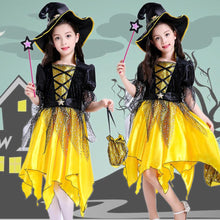 Load image into Gallery viewer, Witch Costume Dress Halloween Witch Cosplay Yellow Dress with Crescent Cap For Girls