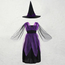 Load image into Gallery viewer, Girls Witch Costume Dress Halloween Witch Cosplay Purple Dress with Witch Hat