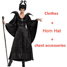Load image into Gallery viewer, Women Maleficent Costume Evil Witch Cosplay Dress Set With Horn Hat For Halloween Party