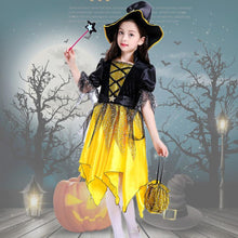 Load image into Gallery viewer, Witch Costume Dress Halloween Witch Cosplay Yellow Dress with Crescent Cap For Girls