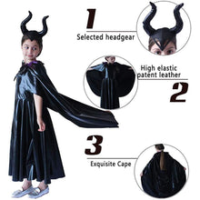 Load image into Gallery viewer, For Kids Maleficent Costume Evil Witch Cosplay Set With Cloak and Horn Hat For Halloween Party